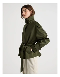 Funnel Neck Jacket With Belt in Green