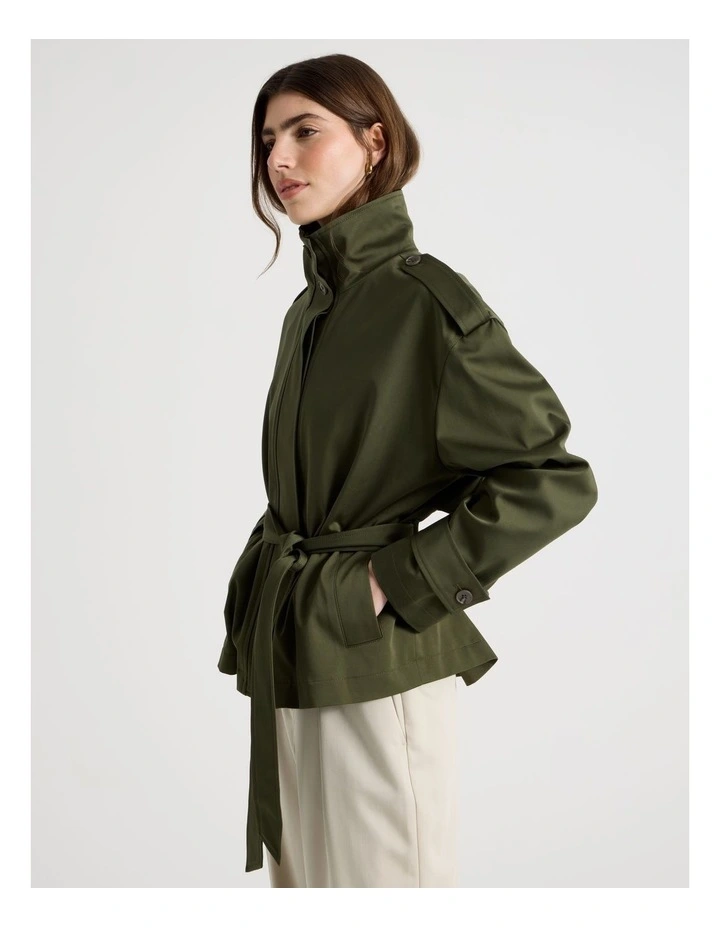 Funnel Neck Jacket With Belt in Green image 1