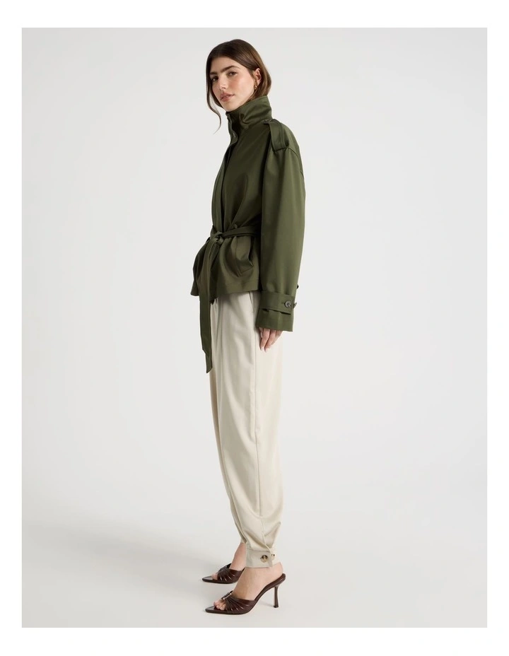 Funnel Neck Jacket With Belt in Green image 2