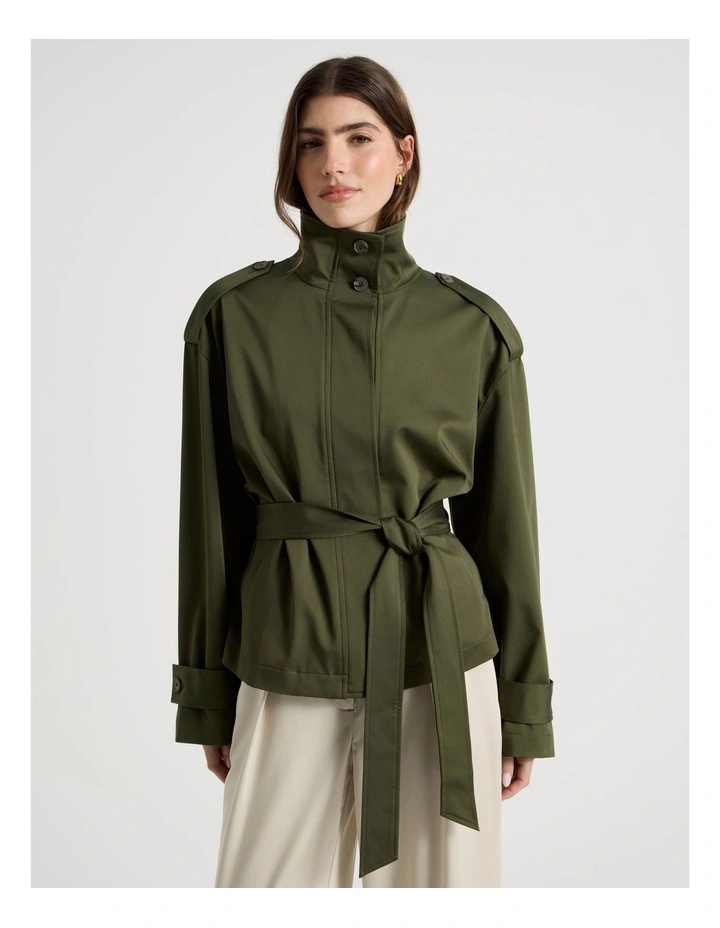 Funnel Neck Jacket With Belt in Green image 4