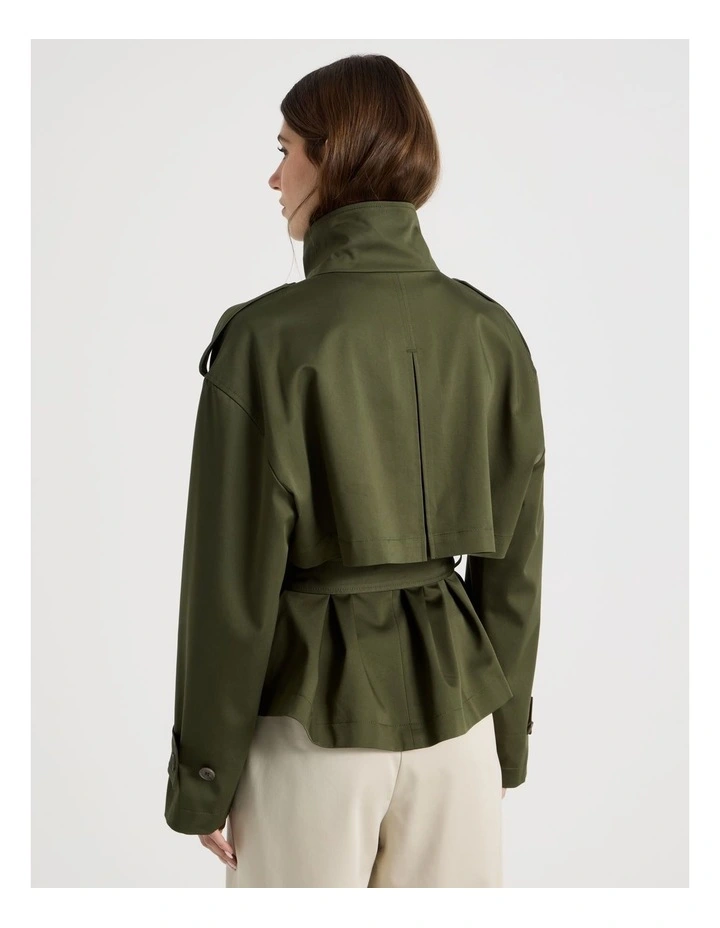 Funnel Neck Jacket With Belt in Green image 5