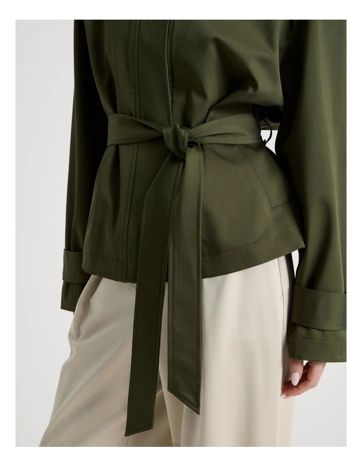 Funnel Neck Jacket With Belt in Green image 6