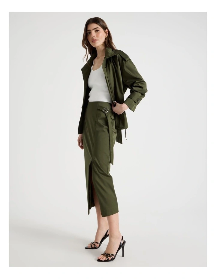 Funnel Neck Jacket With Belt in Green image 7