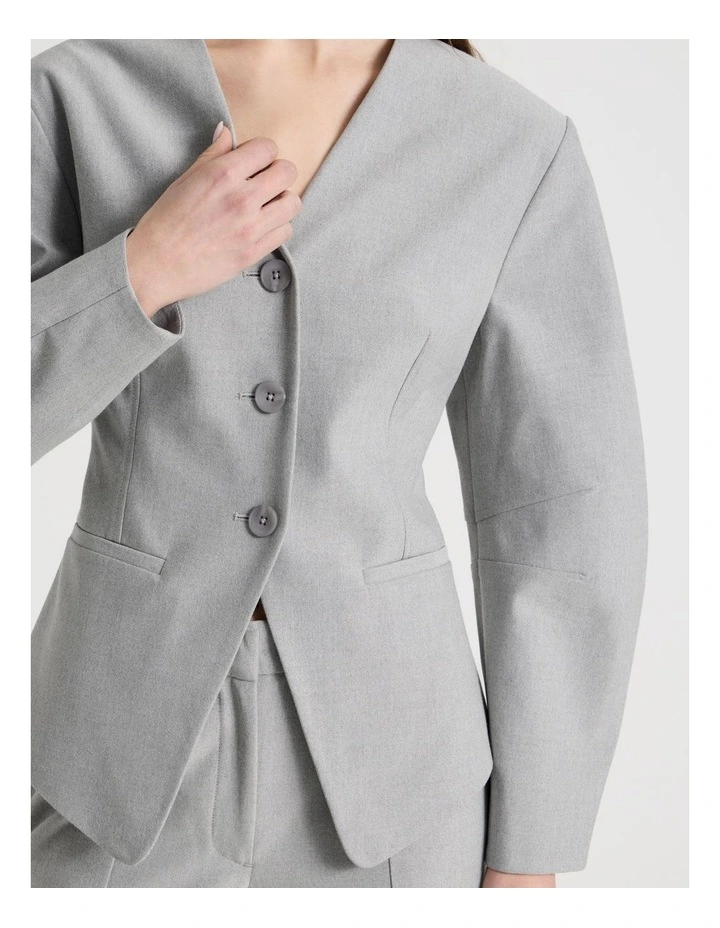 Oviod Sleeve Collarless Blazer in Grey image 3