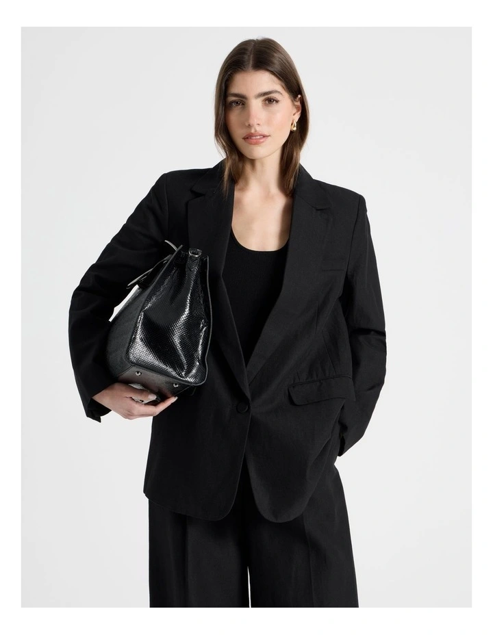 Cotton Linen Blend Oversized Blazer in Black image 3