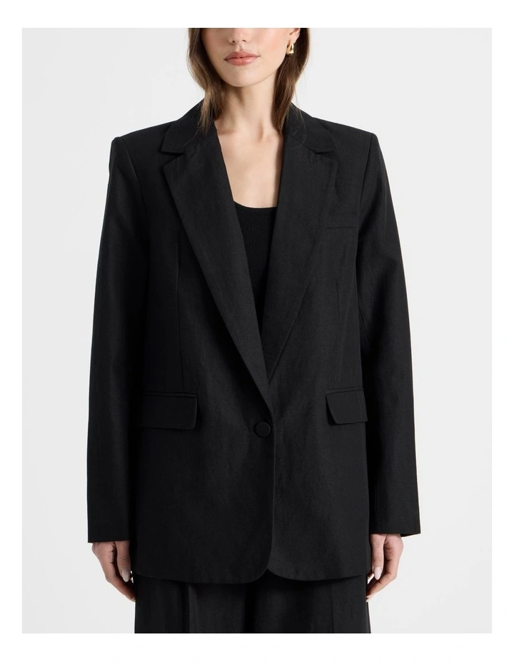 Cotton Linen Blend Oversized Blazer in Black image 4
