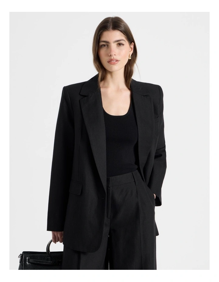 Cotton Linen Blend Oversized Blazer in Black image 5