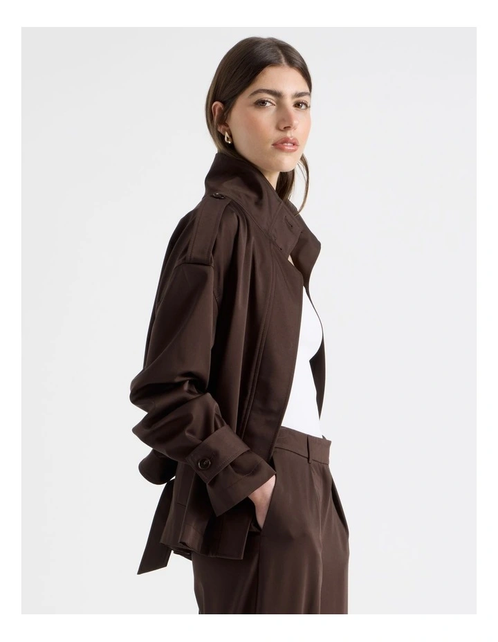 Funnel Neck Jacket With Belt in Chocolate image 1