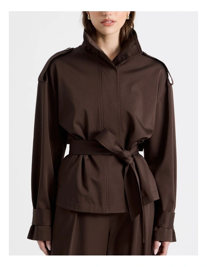 Funnel Neck Jacket With Belt in Chocolate image 7
