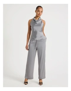Satin Elastic Waist Wide Leg Pant in Silver Grey