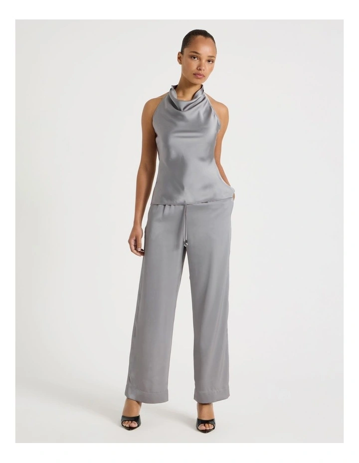 Satin Elastic Waist Wide Leg Pant in Silver Grey image 1