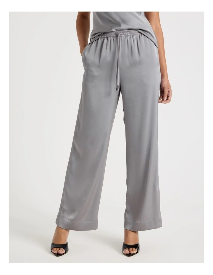 Satin Elastic Waist Wide Leg Pant in Silver Grey image 3