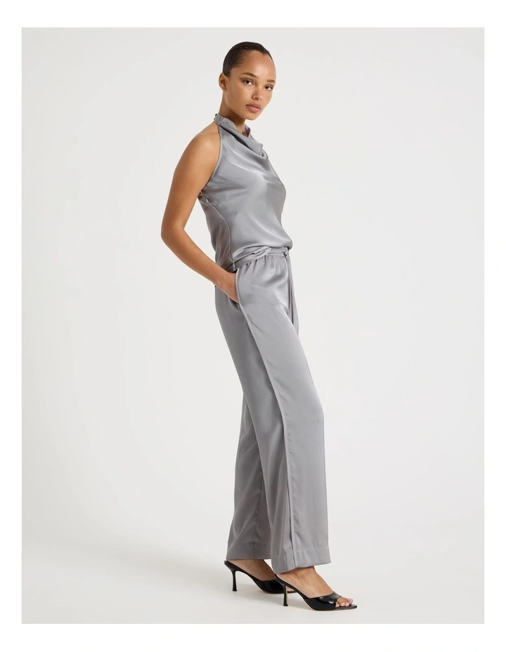 Satin Elastic Waist Wide Leg Pant in Silver Grey image 4