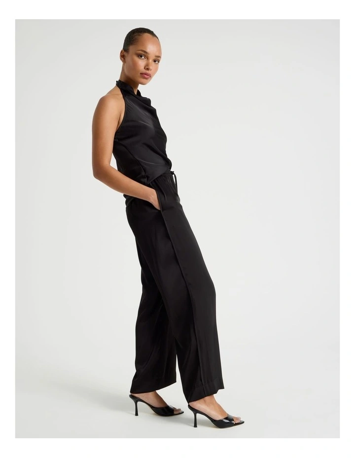 Satin Elastic Waist Wide Leg Pant in Black image 1