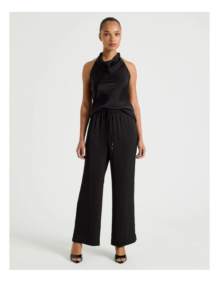 Satin Elastic Waist Wide Leg Pant in Black image 3