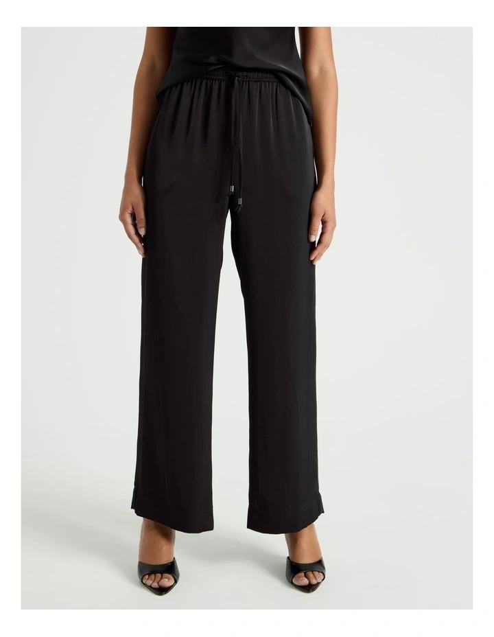 Satin Elastic Waist Wide Leg Pant in Black image 4