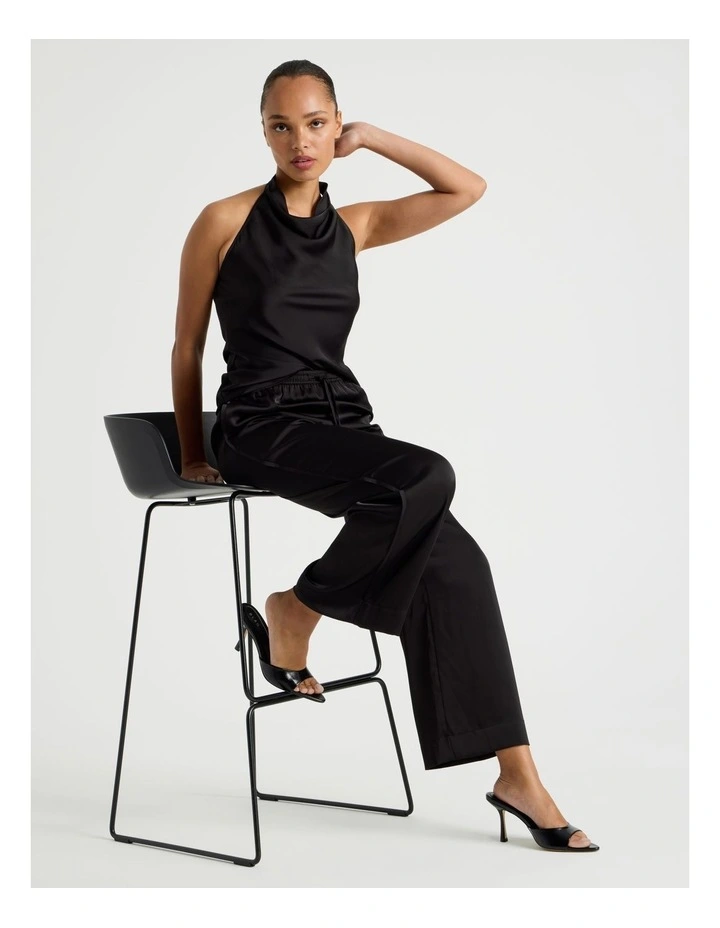 Satin Elastic Waist Wide Leg Pant in Black image 7