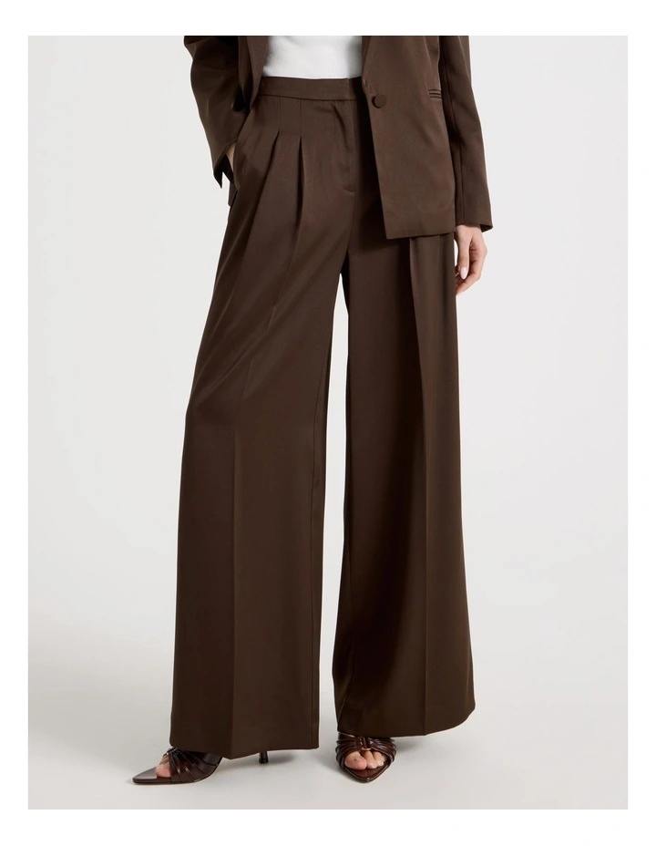 Satin Pleat Front Wide Leg Pant in Brown image 3