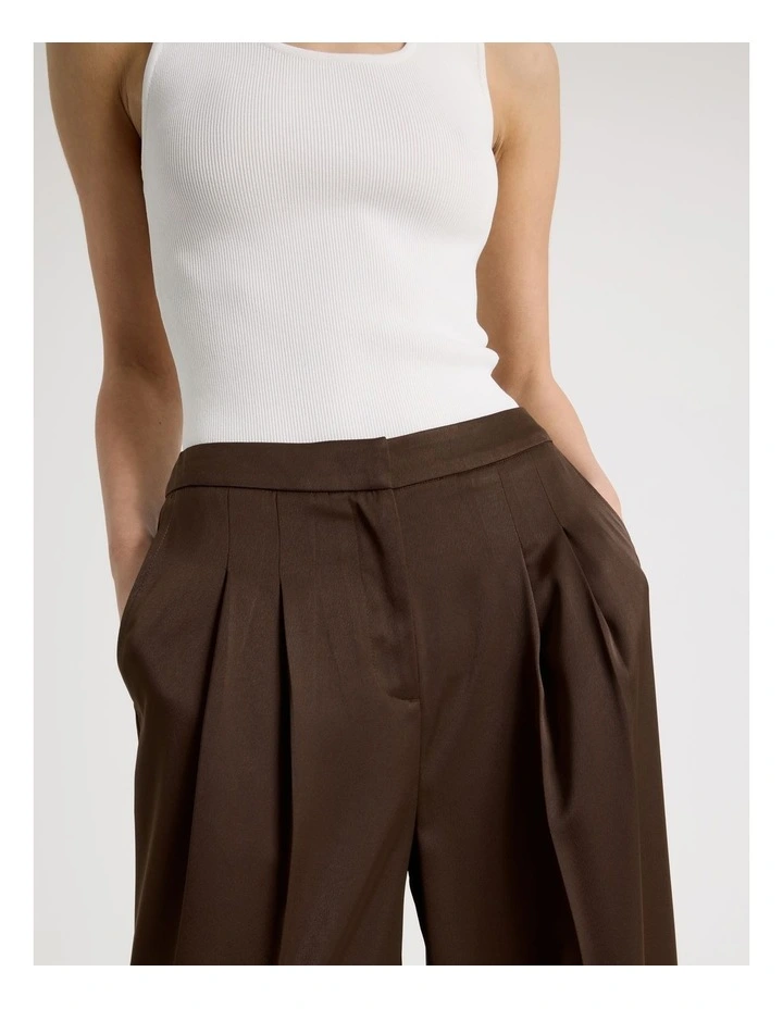 Satin Pleat Front Wide Leg Pant in Brown image 5