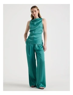 Satin Pleat Front Pants in Teal