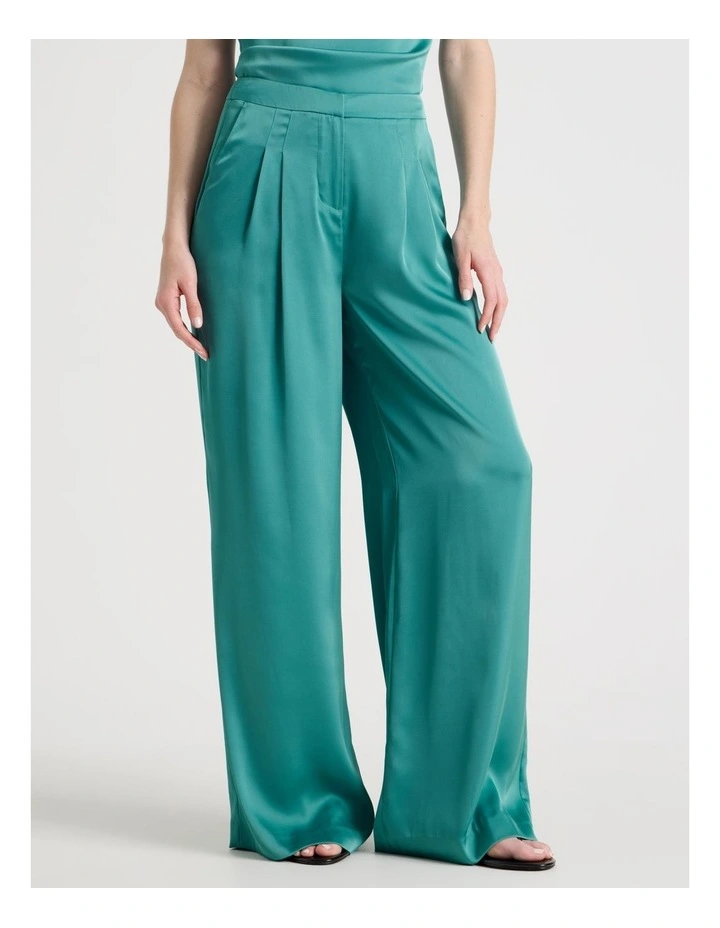 Satin Pleat Front Pants in Teal image 2