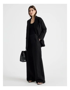 Cotton Linen Blend Mid Rise Wide Leg Pants in Black