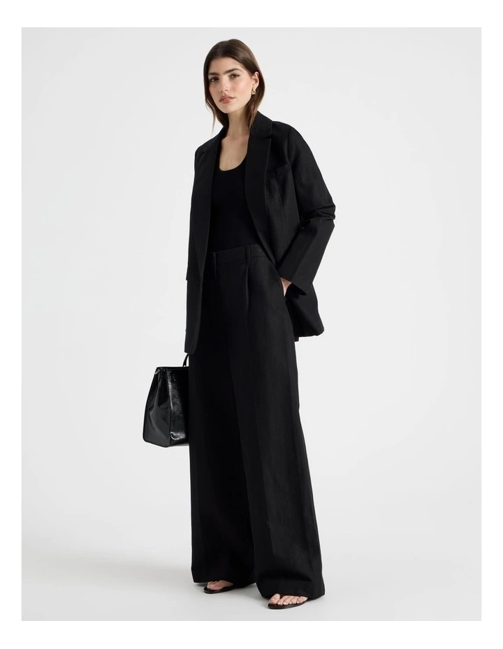 Cotton Linen Blend Mid Rise Wide Leg Pants in Black image 1