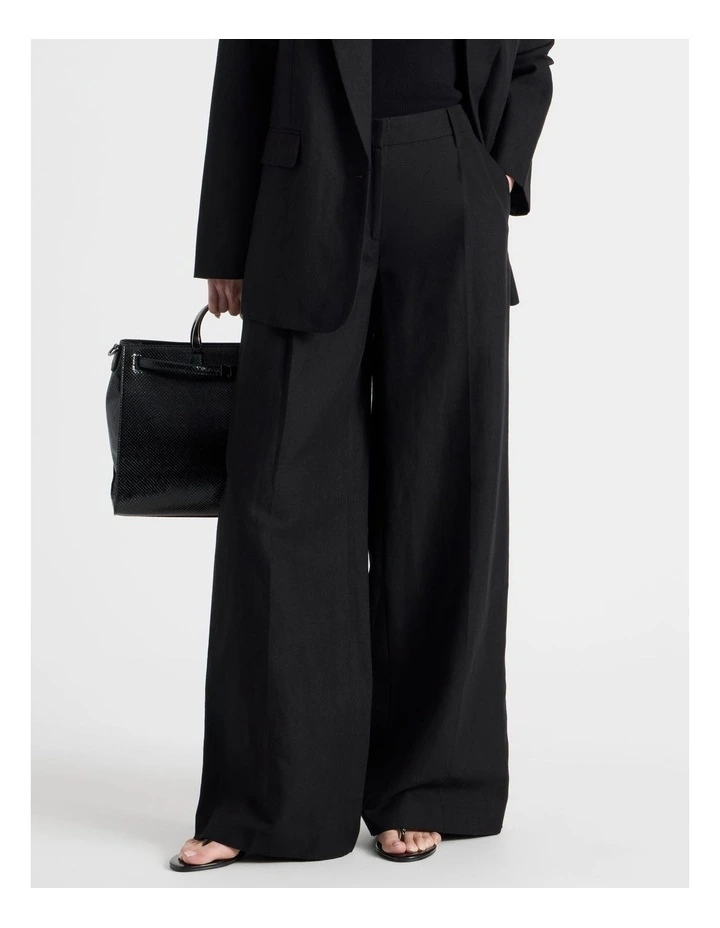 Cotton Linen Blend Mid Rise Wide Leg Pants in Black image 2