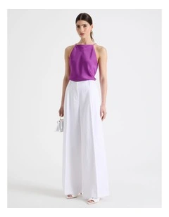 Cotton Linen Blend Mid Rise Wide Leg Pants in White