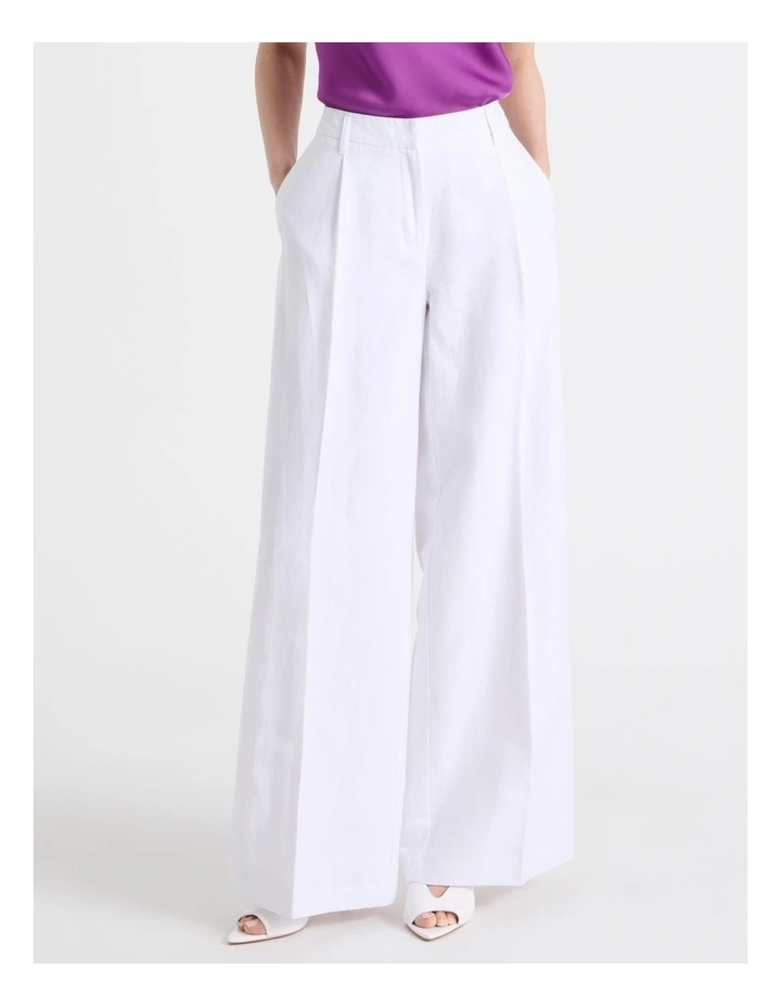 Cotton Linen Blend Mid Rise Wide Leg Pants in White image 2