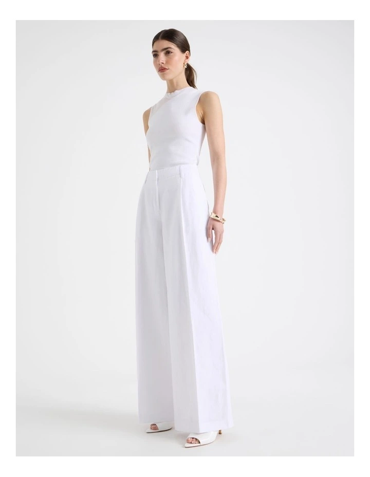 Cotton Linen Blend Mid Rise Wide Leg Pants in White image 3