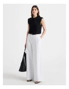 Cotton Linen Blend Pleat Front Pinstripe Wide Leg Pants in Black/White