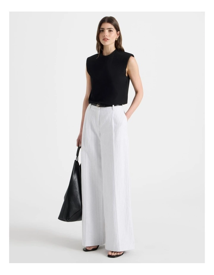 Cotton Linen Blend Pleat Front Pinstripe Wide Leg Pants in Black/White image 1