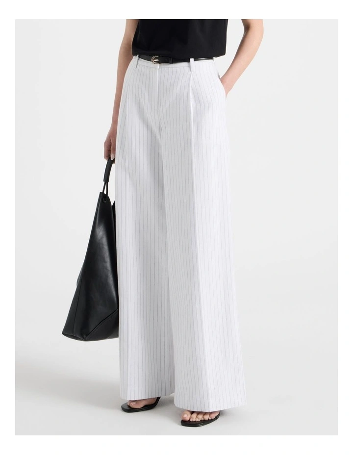 Cotton Linen Blend Pleat Front Pinstripe Wide Leg Pants in Black/White image 2