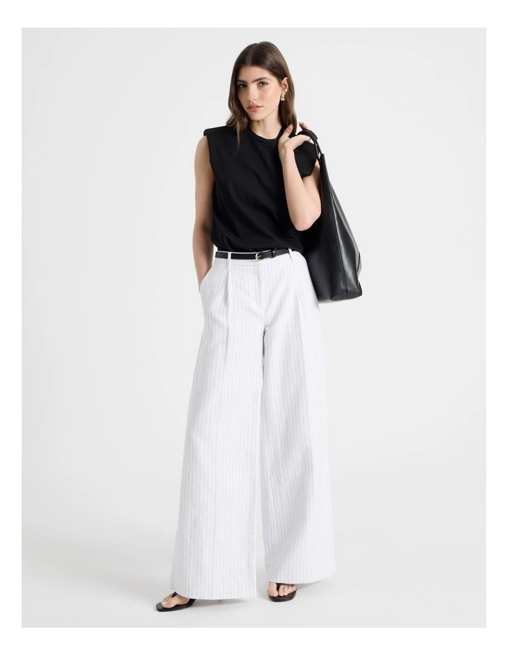 Cotton Linen Blend Pleat Front Pinstripe Wide Leg Pants in Black/White image 3