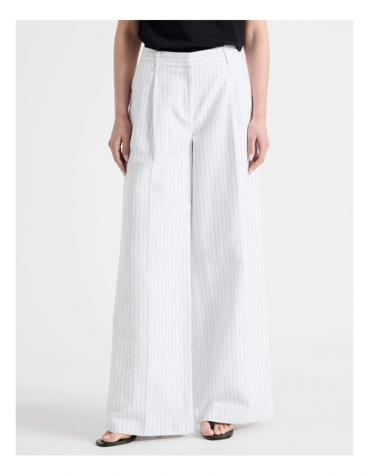 Cotton Linen Blend Pleat Front Pinstripe Wide Leg Pants in Black/White image 5