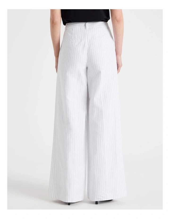 Cotton Linen Blend Pleat Front Pinstripe Wide Leg Pants in Black/White image 6