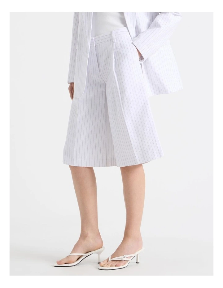 Cotton Linen Blend Pleat Front Pinstripe Bermuda Shorts in Black/White image 2