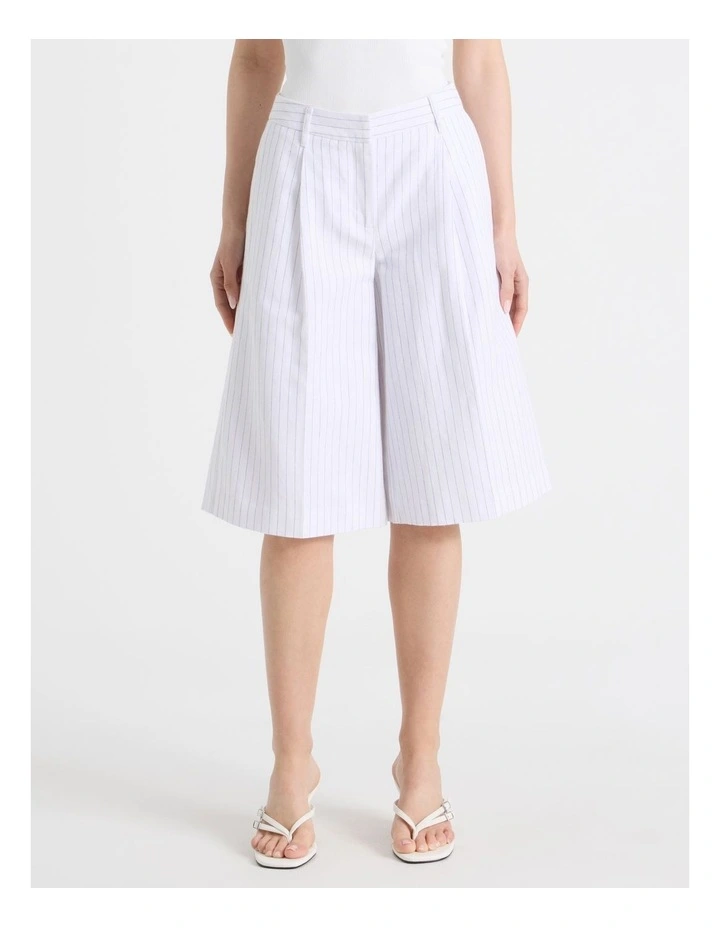 Cotton Linen Blend Pleat Front Pinstripe Bermuda Shorts in Black/White image 3