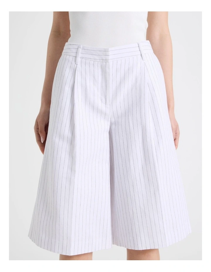 Cotton Linen Blend Pleat Front Pinstripe Bermuda Shorts in Black/White image 4