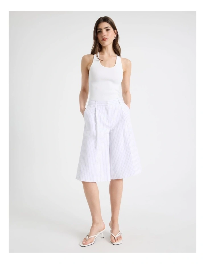 Cotton Linen Blend Pleat Front Pinstripe Bermuda Shorts in Black/White image 7