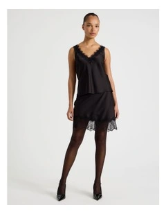 Lace Trim Mini Satin Slip Skirt in Black