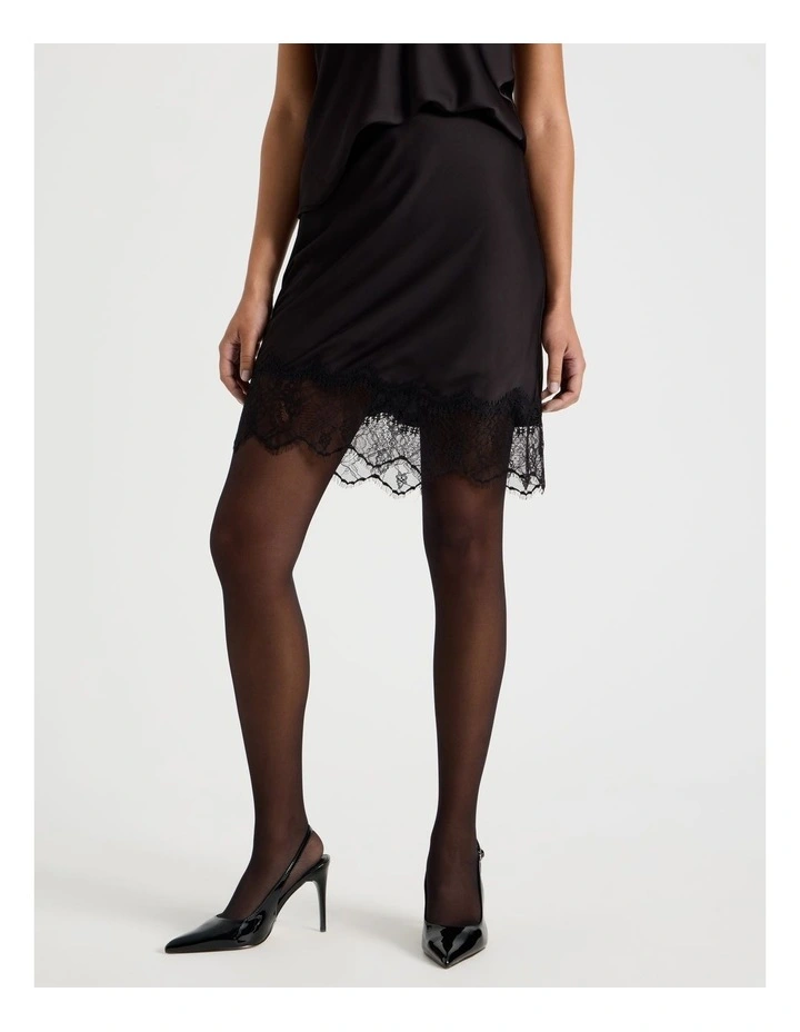 Lace Trim Mini Satin Slip Skirt in Black image 3