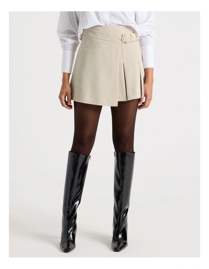 Pleated Wrap Mini Skirt in Stone image 2