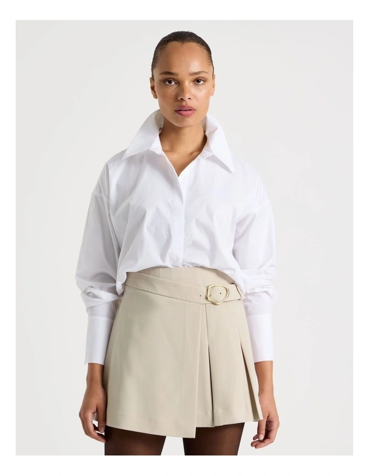 Pleated Wrap Mini Skirt in Stone image 4