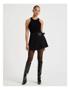 Pleated Wrap Mini Skirt in Black