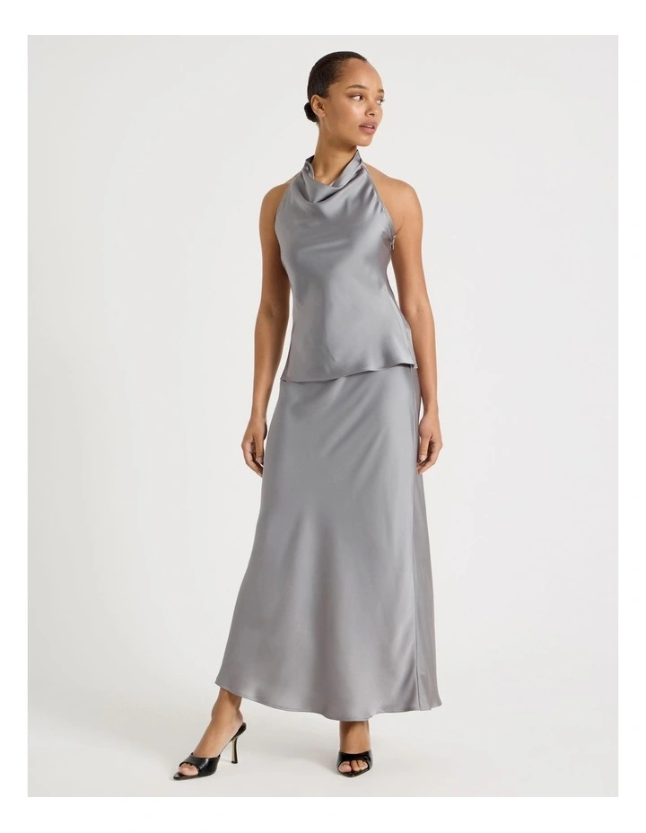 Satin Maxi Slip Skirt in Silver Grey image 2