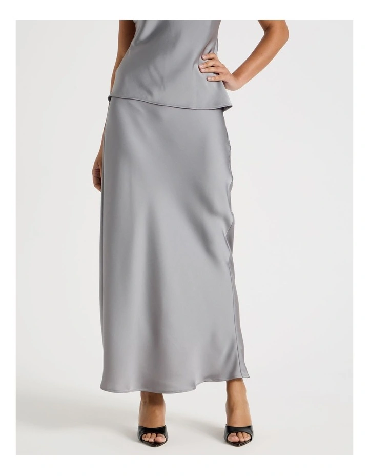 Satin Maxi Slip Skirt in Silver Grey image 3