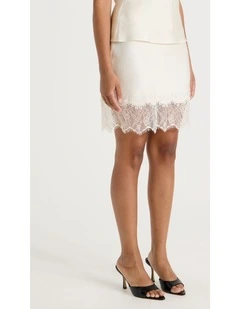 Lace Trim Mini Satin Slip Skirt in Ecru