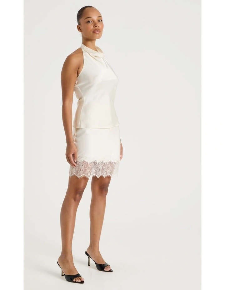 Lace Trim Mini Satin Slip Skirt in Ecru image 7